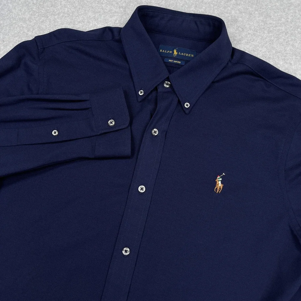 Ralph Lauren Knit Oxford Shirt Mens Large Navy Blue Stretch Flesh Pony Cotton - Picture 1 of 12